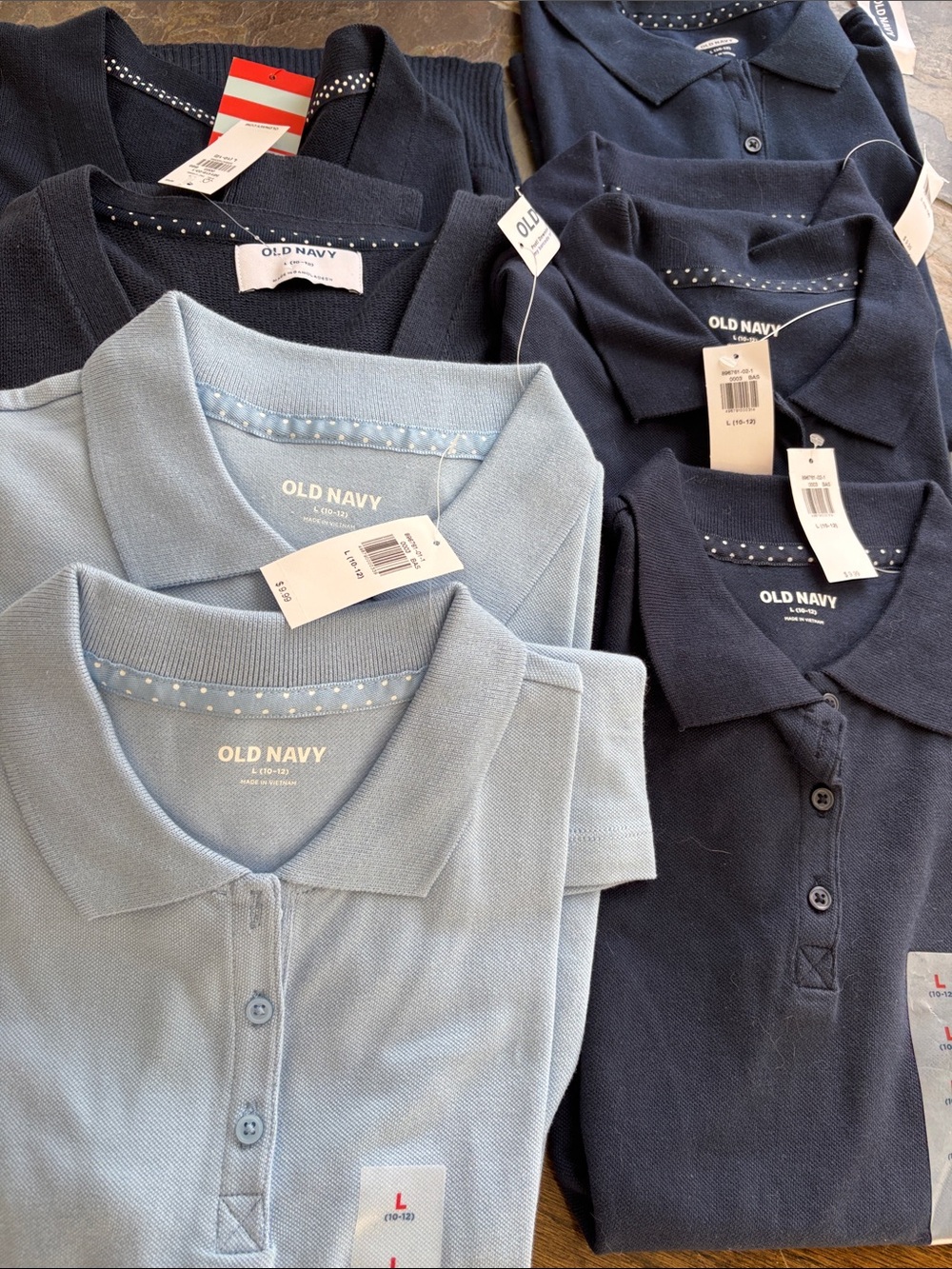 Uniform Short Sleeve Polos 6 - 2 Navy Cardigans - all size L 10-12 NWT